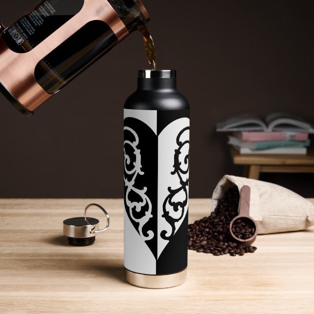 Bouteille D'eau Coeur noir et blanc en fibre (Café)