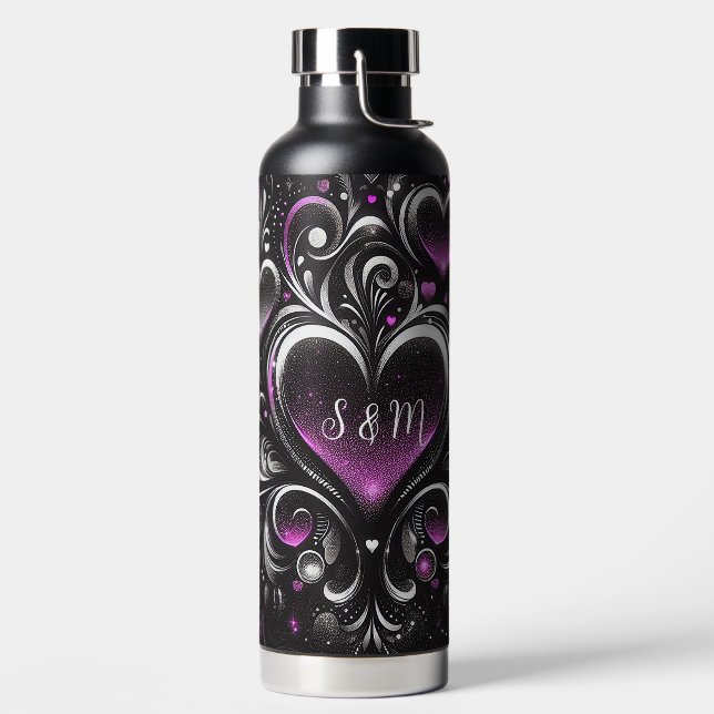 Bouteille D'eau Coeurs de parties scintillant noirs et violets per (Droite)