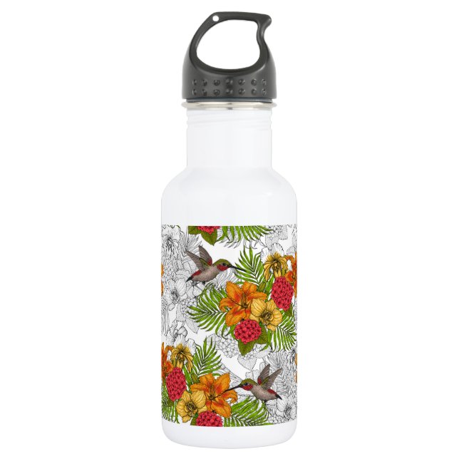Bouteille D'eau Colibris et bouquet tropical (Devant)