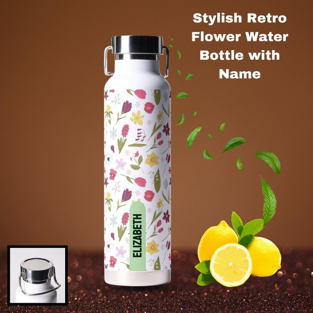 Bouteille D'eau Conception de nom personnalisé floral rétro élégan (Stylish Retro Flower Water Bottle with Name)