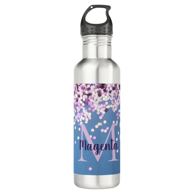 Bouteille D'eau Confetti de lavande de monogramme sur bleu (Devant)