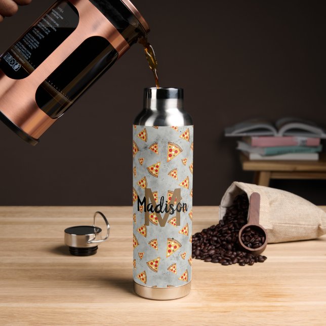 Bouteille D'eau Cool pizza tranches vintage gris motif Monogramme (Gym)