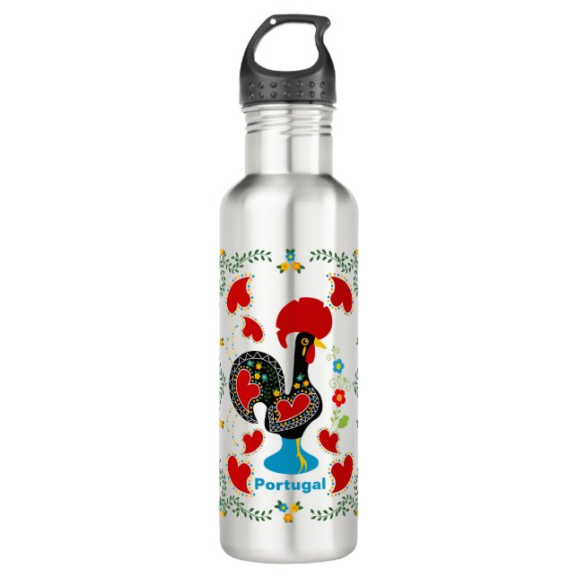 Bouteille D'eau Coq traditionnel du Portugal en noir (Devant)