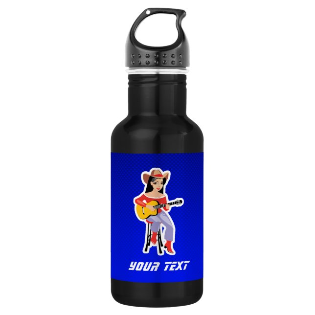 Bouteille D'eau Cow-girl avec la guitare ; Bleu (Devant)