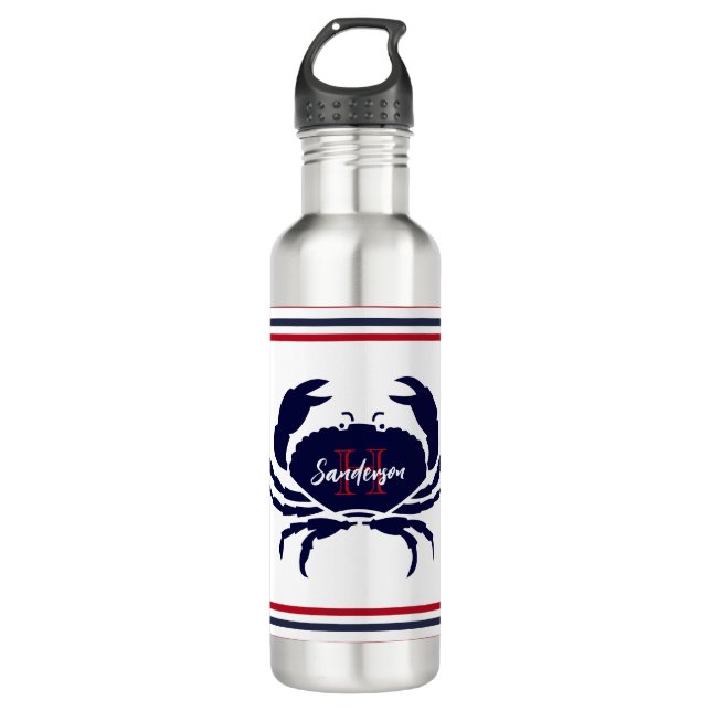 Bouteille D'eau crabe blanc bleu marine monogrammé (Devant)