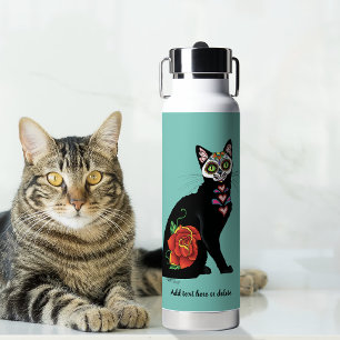Bouteille D'eau Crâne de Sucre Chat Noir Rose Turquoise Cœur