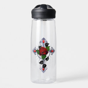 Bouteille D'eau Croix d'argent avec une rose rouge