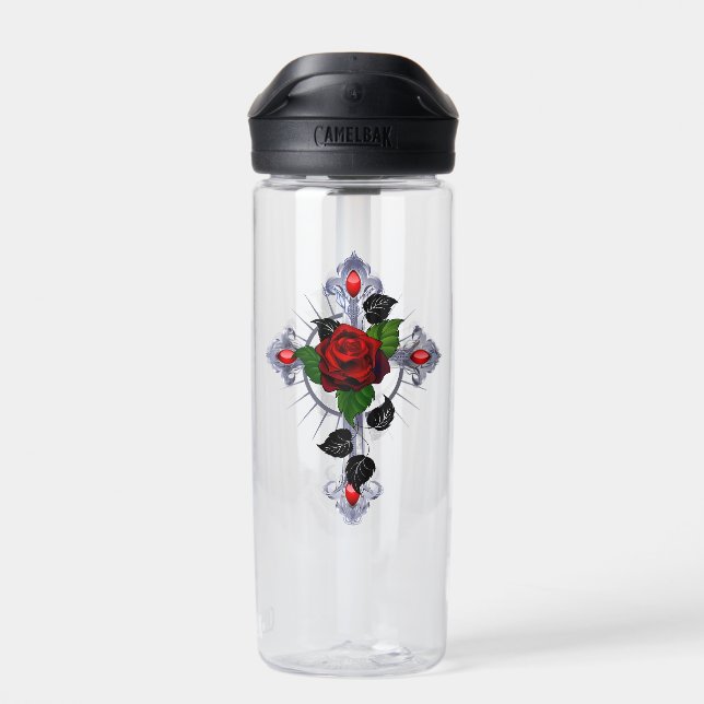Bouteille D'eau Croix d'argent avec une rose rouge (Arrière)