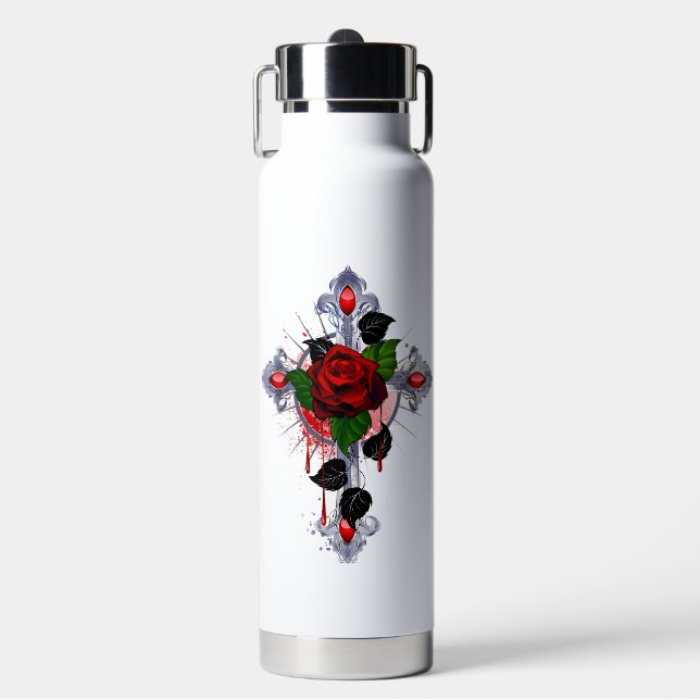 Bouteille D'eau Croix d'argent avec une rose rouge (Salle de sport)