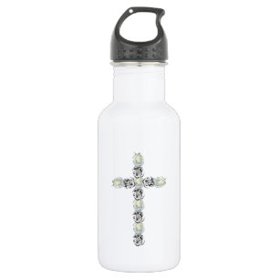 Bouteille D'eau Croix d'argent et de rose blanche
