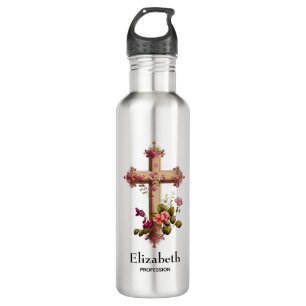 Bouteille D'eau Croix en bois élégante aux fleurs roses