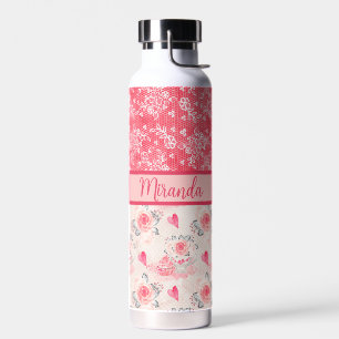 Bouteille D'eau Cupcakes roses et rouges, Coeurs et dentelle Monog