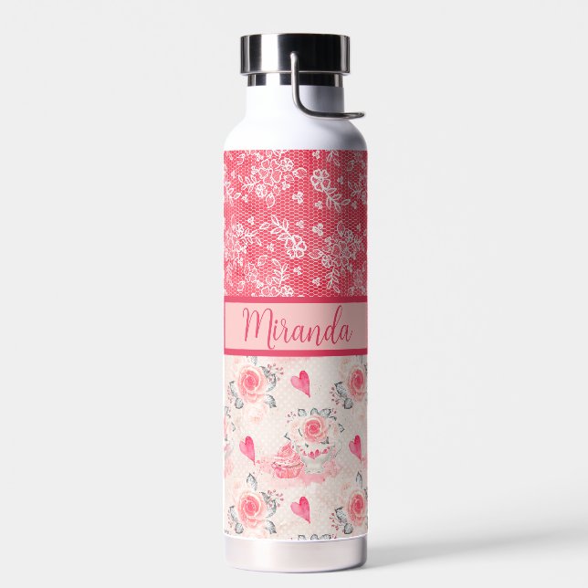 Bouteille D'eau Cupcakes roses et rouges, Coeurs et dentelle Monog (Gauche)