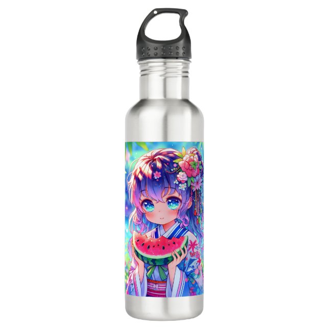 Bouteille D'eau Cute Anime Girl Manger Watermelon sur une journée  (Devant)