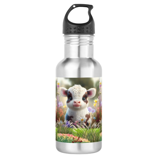 Bouteille D'eau Cute Baby Cow Calf assis dans le jardin fleuri (Devant)