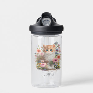 Bouteille D'eau Cute Cat Kitten Floral Aquarelle personnalisée