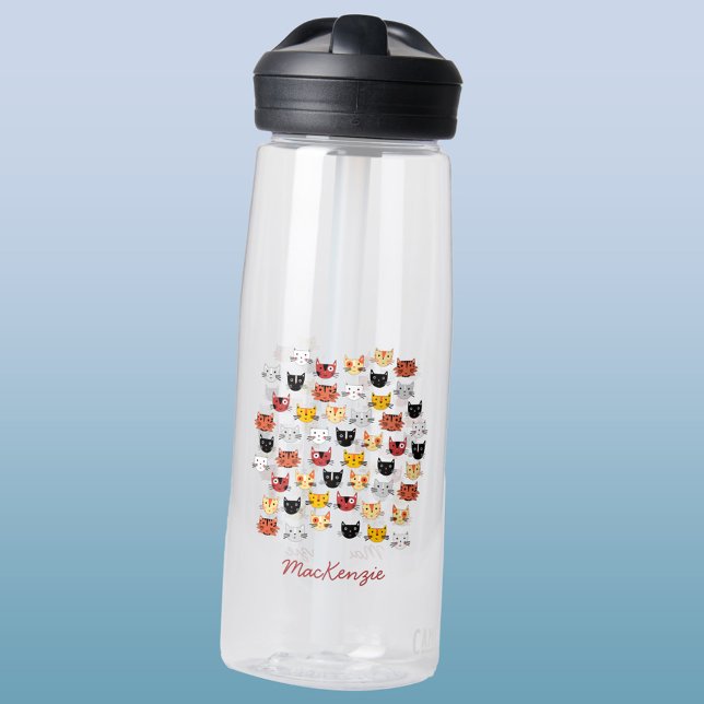 Bouteille D'eau Cute Cats Personnalisé (Fun cat faces personalized script name water bottle)