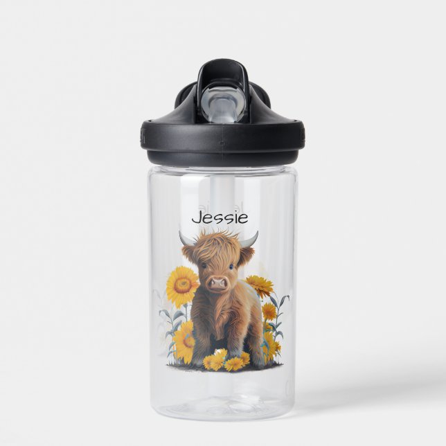 Bouteille D'eau Cute Highland Cow Floral Yellow Sunflower Nom (Avant)