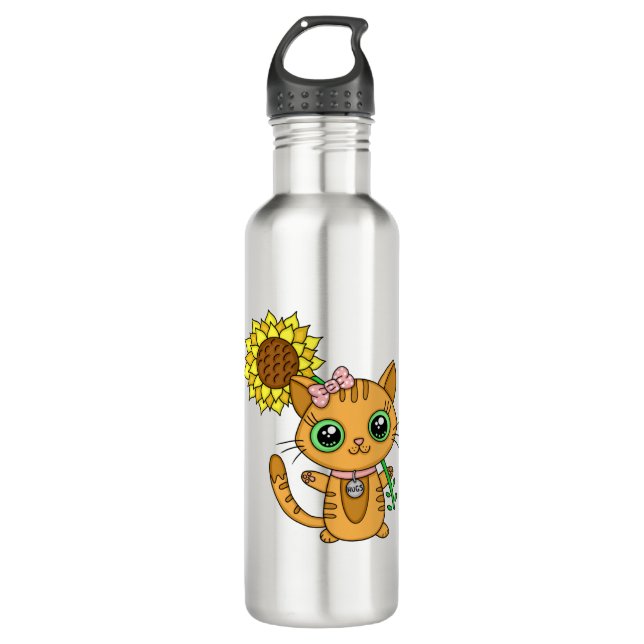 Bouteille D'eau Cute Kawaii Chat Holding Fleur (Devant)
