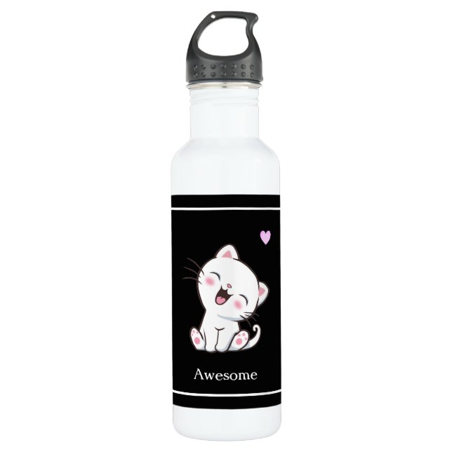 Bouteille D'eau Cute Kitty Chat & Coeur sur Noir (Devant)