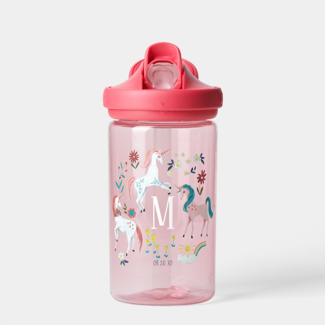 Bouteille D'eau Cute licorne et fleurs enfants rose monogramme (Avant)
