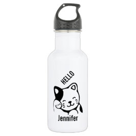 Bouteille D'eau Cute noir et blanc Kitty Chat Waving Bonjour