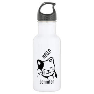 Bouteille D'eau Cute noir et blanc Kitty Chat Waving Bonjour