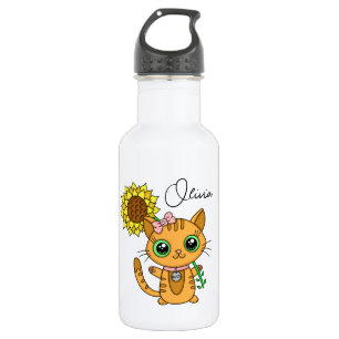 Bouteille D'eau Cute personnalisée Kawaii Chat Holding Fleur