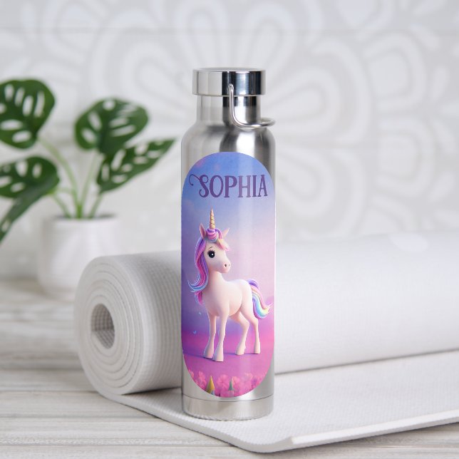 Bouteille D'eau Cute Unicorne Blanche Avec Rose & Bleu Mane (Yoga)