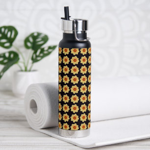 Bouteille D'eau Dahlia jaune motif floral sur noir