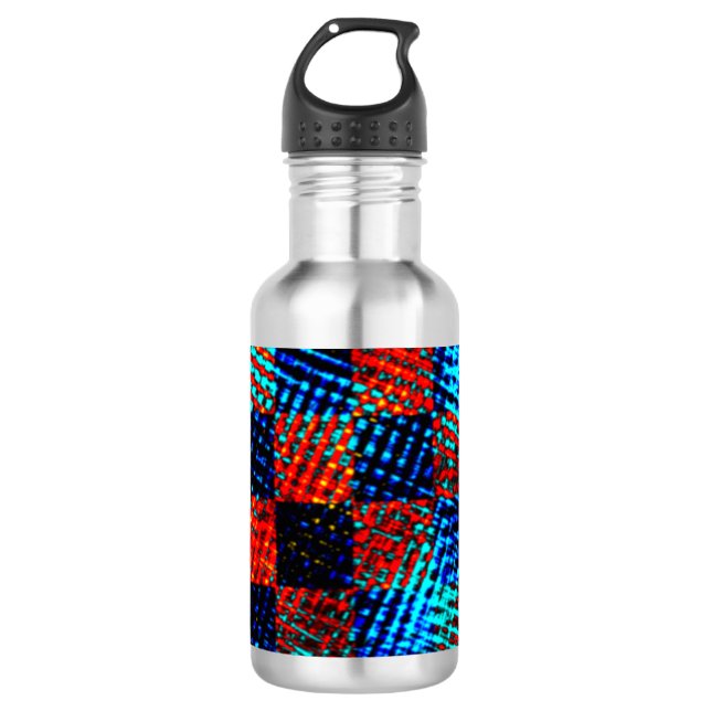 Bouteille D'eau Damier bleu, orange, faux sale ou taché. (Devant)