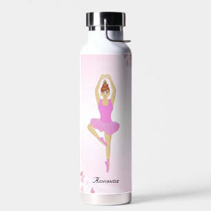 Bouteille D'eau Danseuse de ballet et fleurs sur fond rose clair