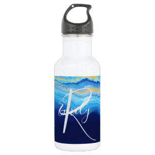 Bouteille D'eau Deep Indigo Agate Marbre Nom Abstrait Monogram Co