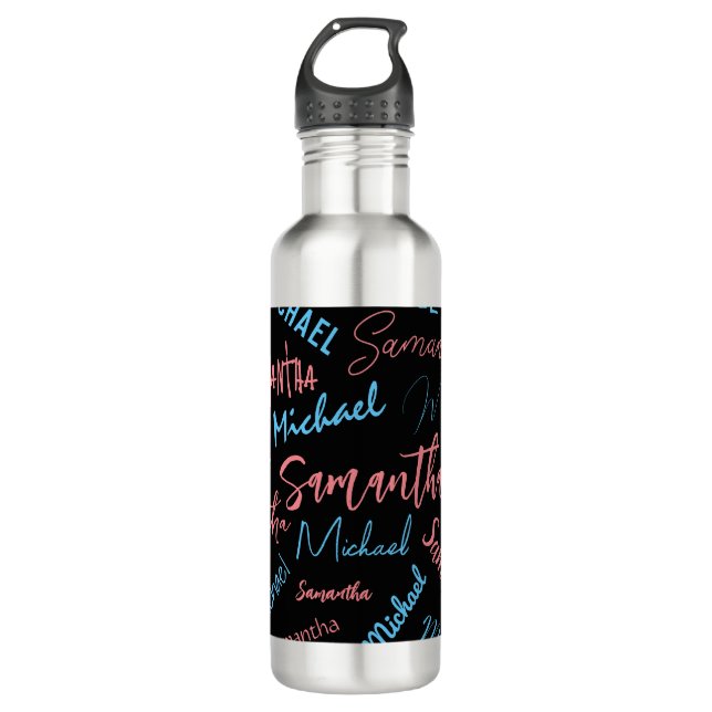 Bouteille D'eau Deux noms couples motif monogramme bleu rose clair (Devant)