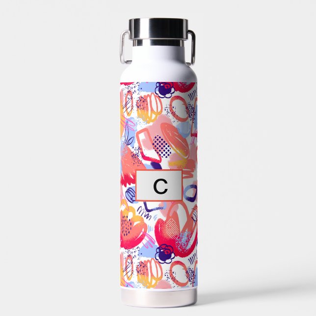 Bouteille D'eau Doodle aquarelle monogramme personnalisé et motif (Avant)
