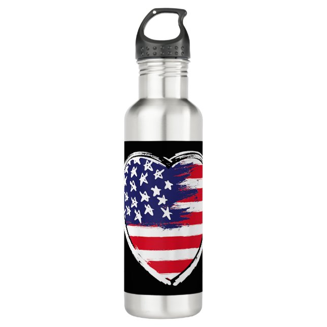 Bouteille D'eau Drapeau Coeur US 4 juillet Étoiles patriotiques am (Devant)