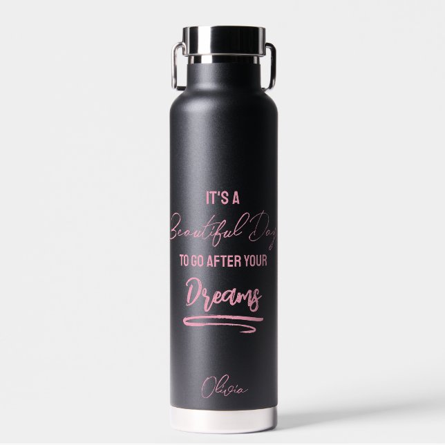 Bouteille D'eau Dreams citation motivationnelle rose noir (Avant)
