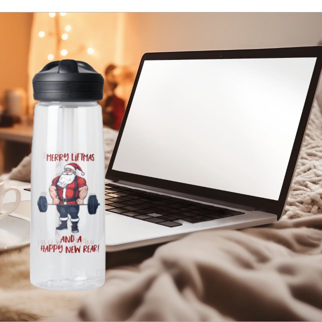 Bouteille D'eau Drôle Fitness Noël Vies de Noël Barbell Père Noël (A Christmas gym water bottle, perfect gift for a personal trainer, coach, or gym partner.)