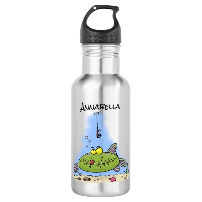 Bouteille D'eau Drôle gras affamé poisson vert dessin de pêche (Devant)