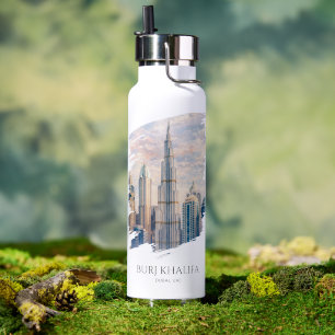 Bouteille D'eau Dubaï Burj Khalifa Cité de Luxe Skyline Aquarelle
