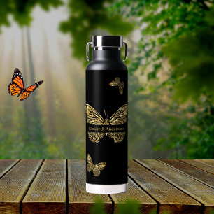 Bouteille D'eau Écriture de nom d'or noir des papillons