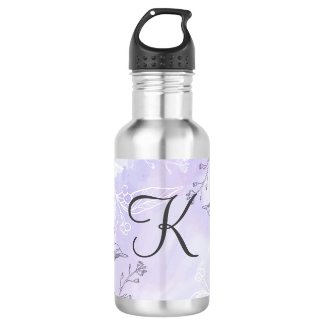Bouteille D'eau Écriture Monogramme Blanc Gris Violet Floral  (Devant)