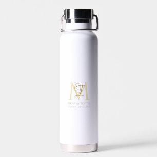 Bouteille D'eau Élégant Blanc Or Simple Monogramme Nom