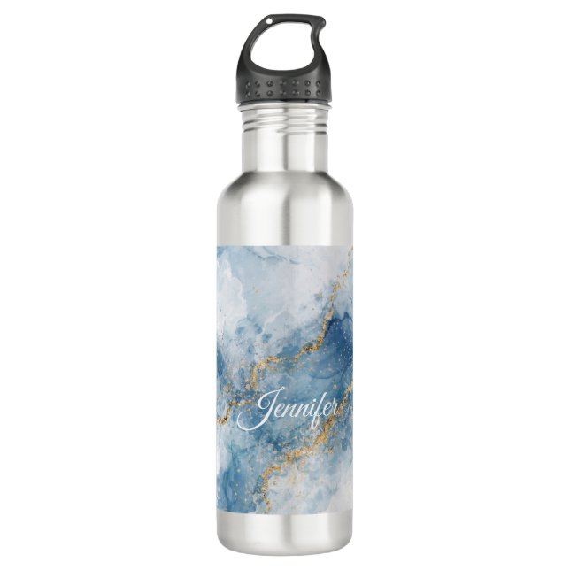 Bouteille D'eau Elegant Blue Gold Glitter Abstract Flow            (Devant)