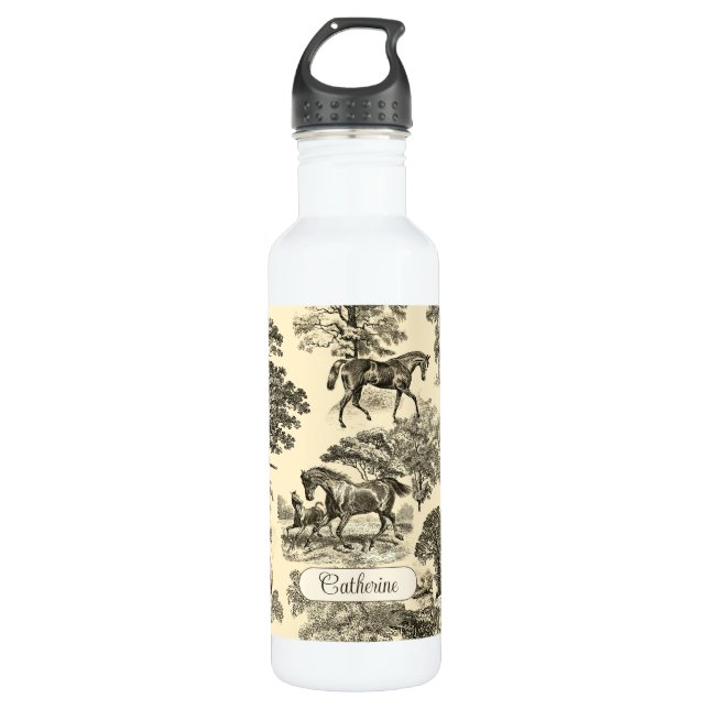 Bouteille D'eau Élégant Cheval Rustique Arbres Beige Tan Toile (Devant)