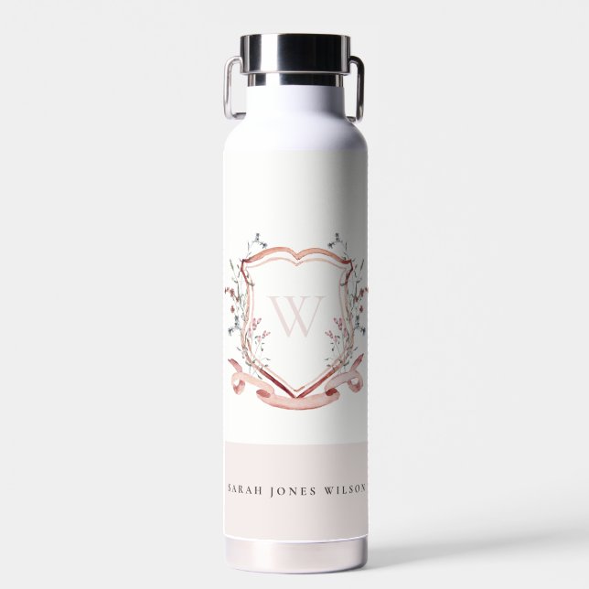 Bouteille D'eau Élégant Fleur sauvage rose Aquarelle Crest Monogra (Avant)