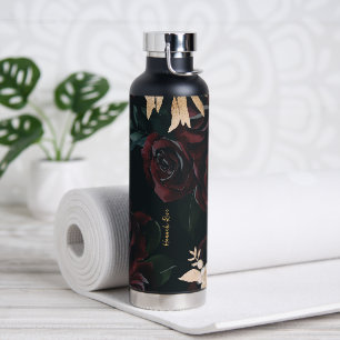 Bouteille D'eau Élégant floral foncé sur noir   Gobelet monogrammé