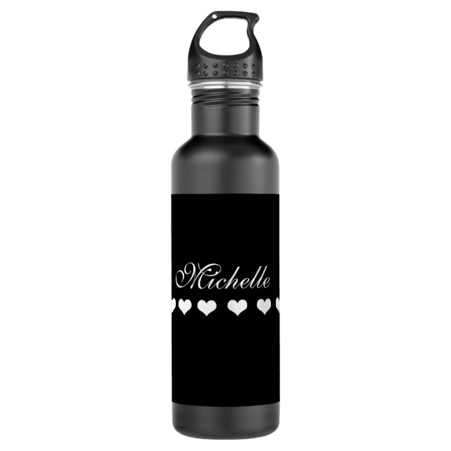 Bouteille D'eau Élégant Monogramme Coeurs blancs Noir (Devant)