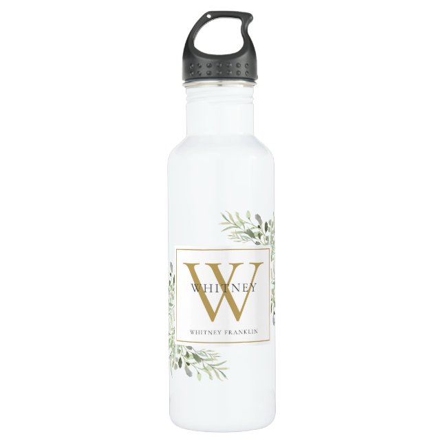 Bouteille D'eau Élégant Monogramme Or Vert Moderne (Devant)