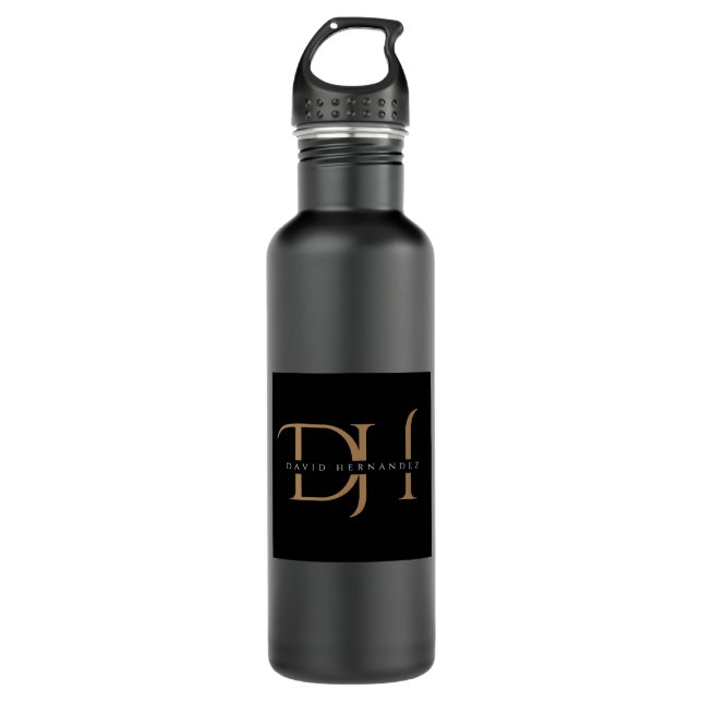 Bouteille D'eau Élégant Noir et Or Initiales Monogramme Moderne (Devant)